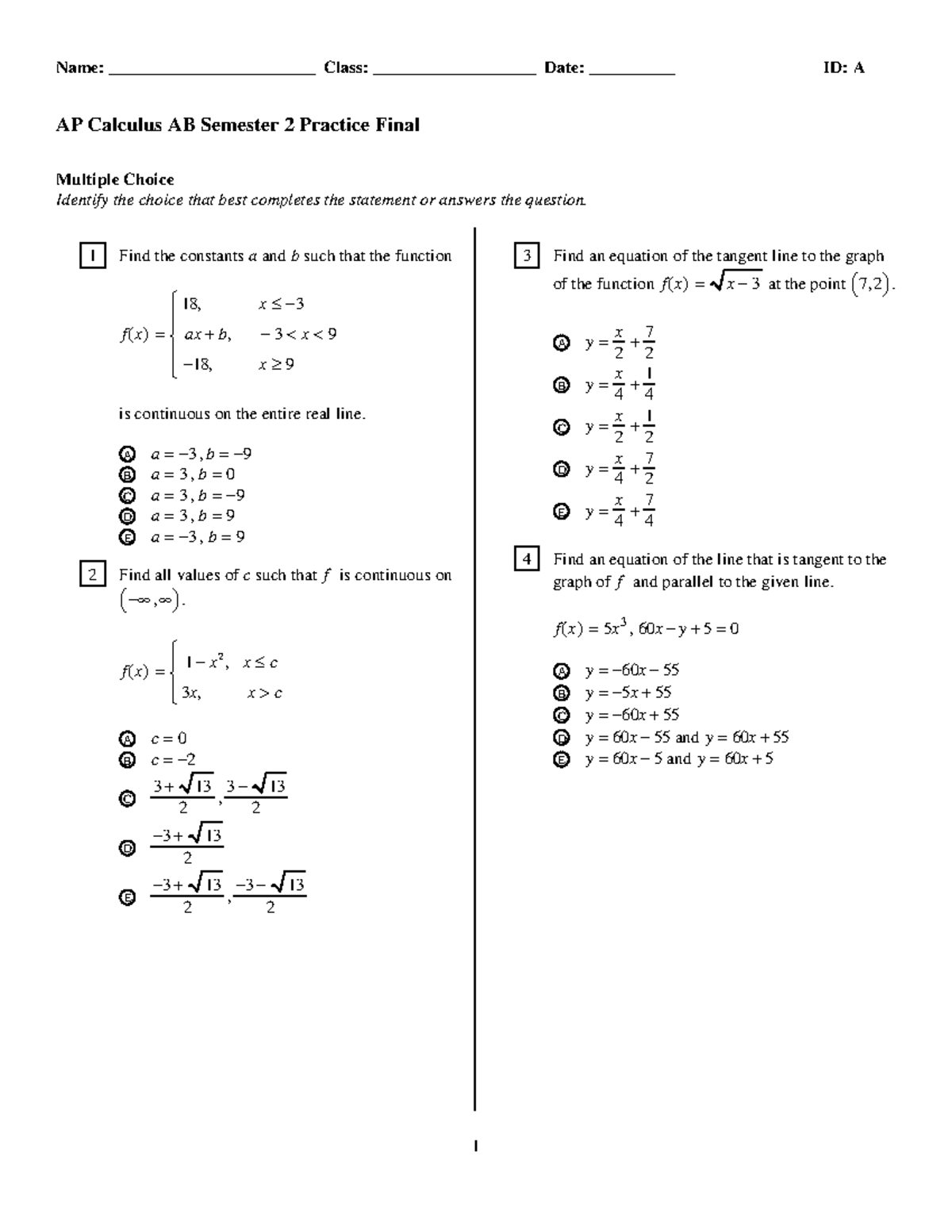 AP Calculus AB Sem 2 Practice Final Exam Preparation - Studocu