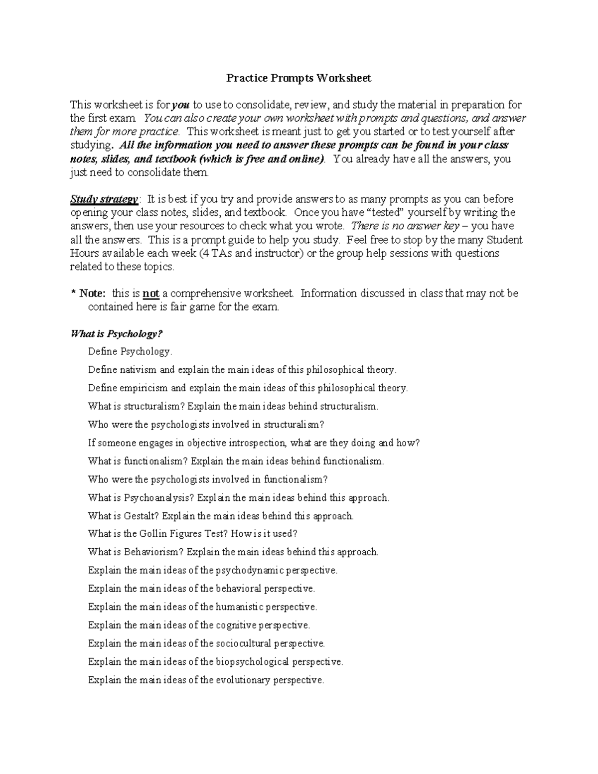 Practice Prompts Worksheet for PSY 101 Exam Prep - Studocu