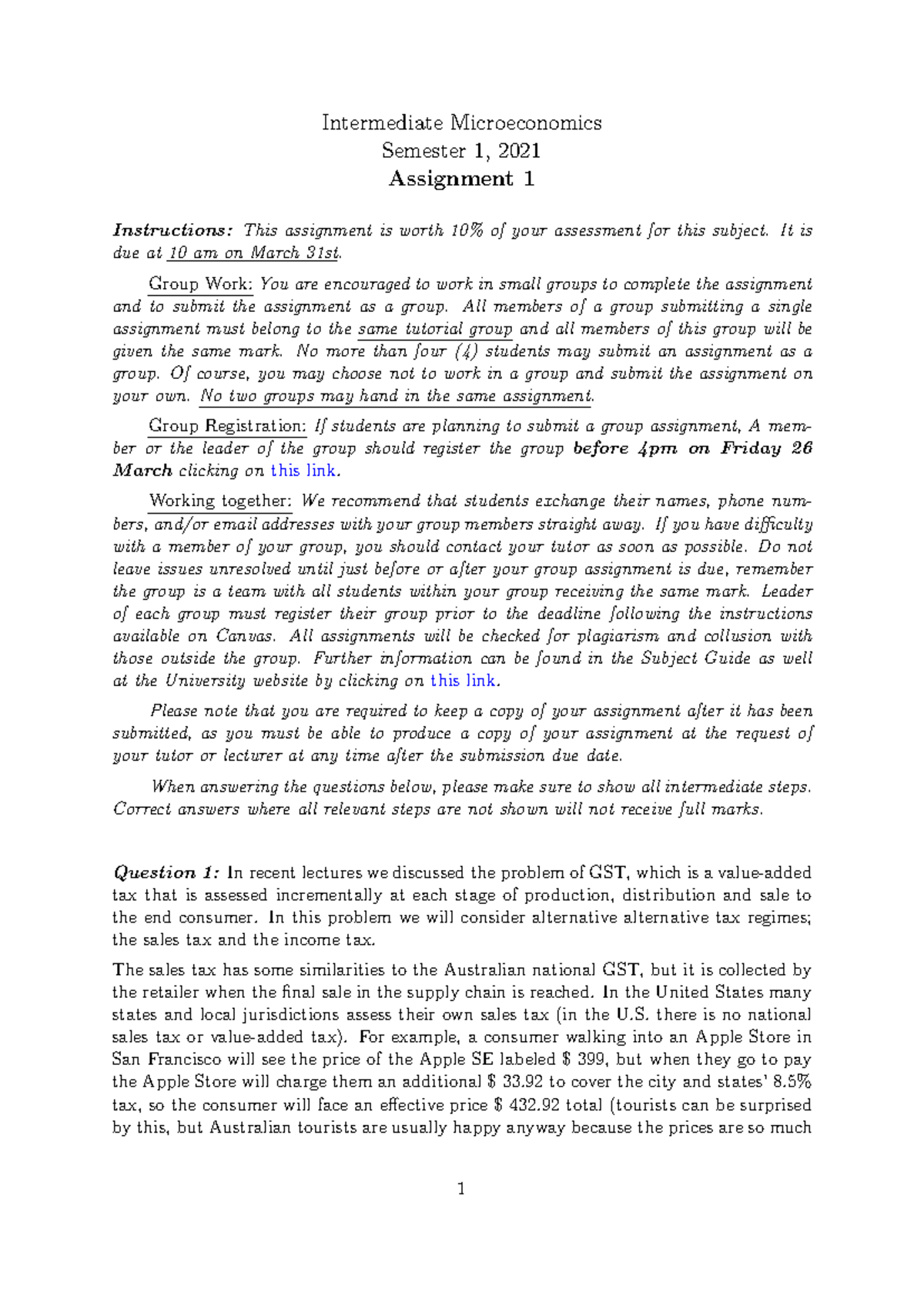 Inter Micro Assignment 1 Questions - Intermediate Microeconomics ...