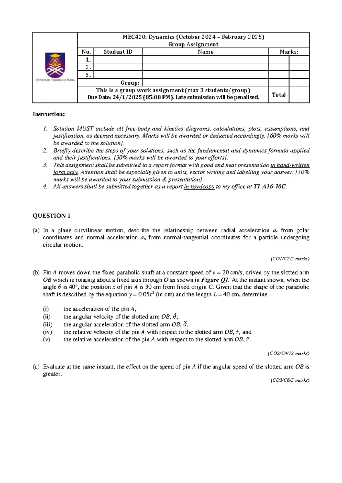 MEC420 Group Assignment 1: Dynamics Analysis and Solutions - Studocu