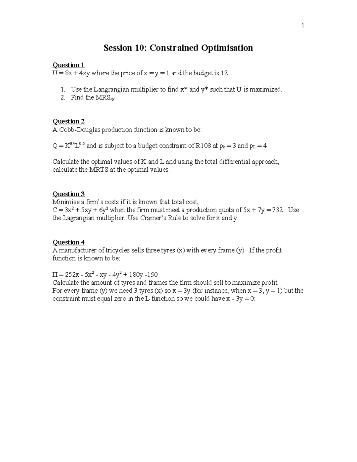 Econ315 Topic 10: Constrained Optimization Class Exercises - Studocu