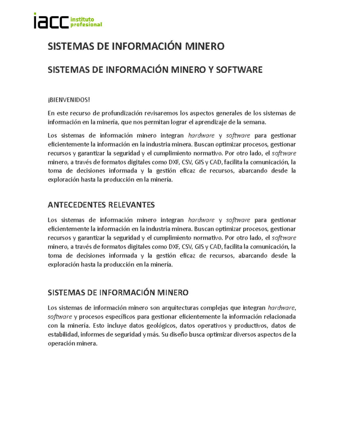 Profundización en Sistemas de Información Minero Sisim 1201 DES - Studocu