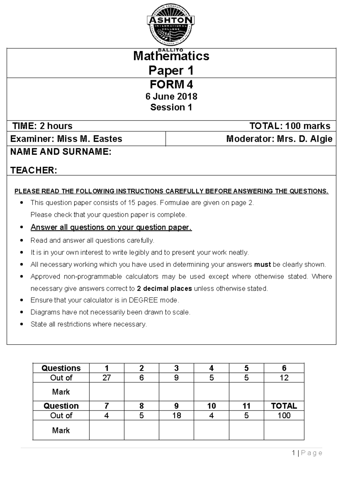 Mathematics Paper 1 FORM 4 June 2018 Exam - Grade 11 - Studocu