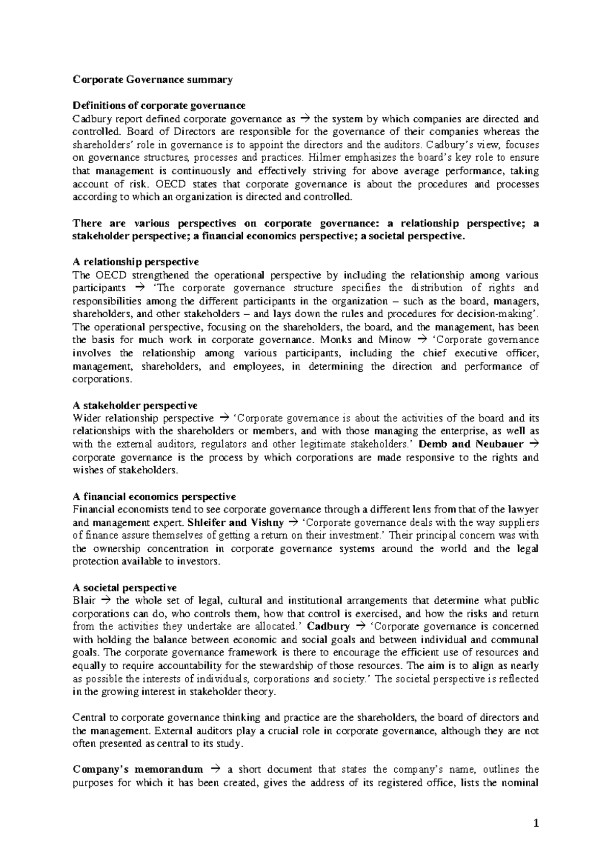 Summary of Comparative Corporate Governance Principles (B. Tricker ...