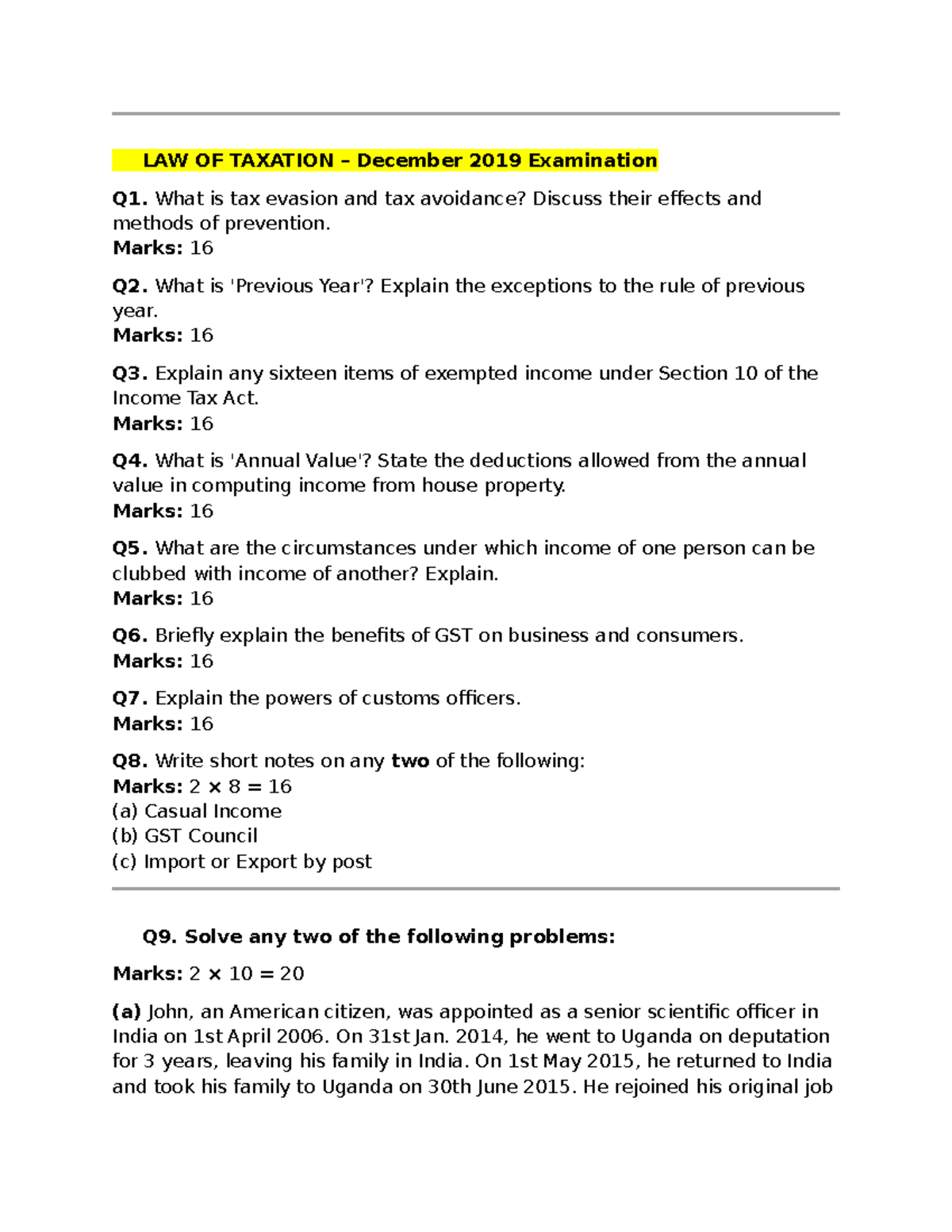 LAW OF TAXATION Repeated Questions for 2019-2024 Exams - Studocu