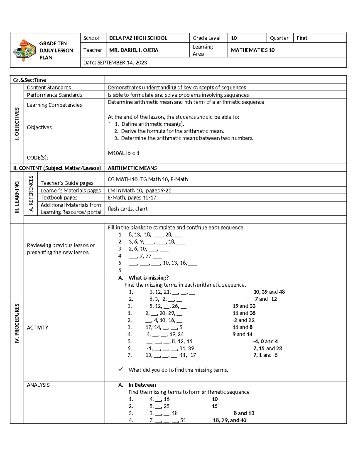 Lesson 3: Arithmetic Means for Math 10 Daily Plan - Studocu