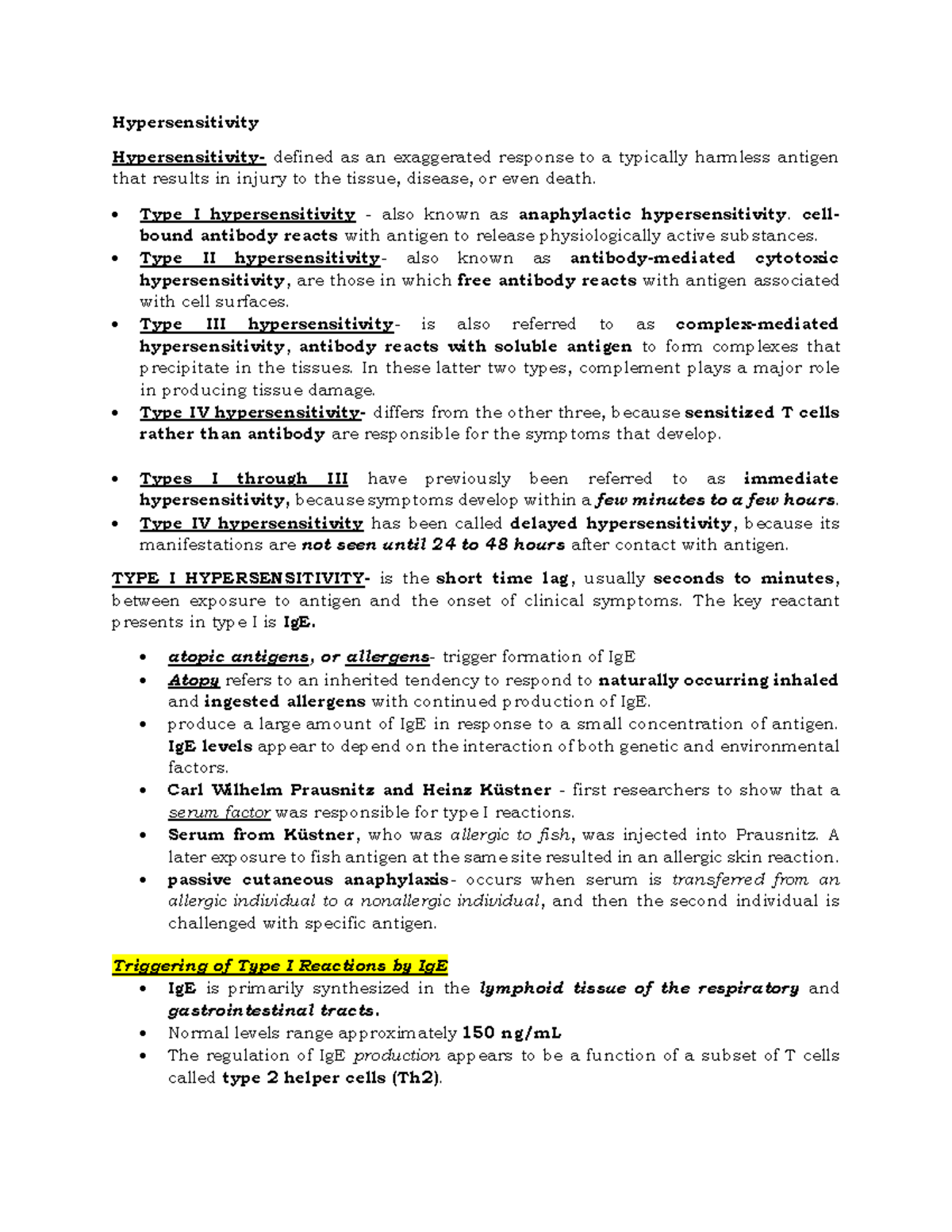 Hypersensitivity Types and Mechanisms (LEC Notes) - Studocu