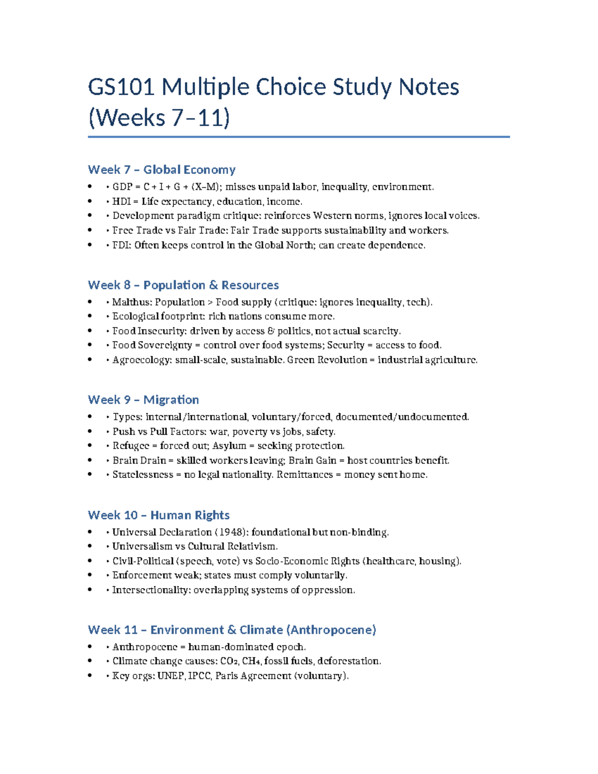 GS101 Midterm MC Study Notes: Weeks 7-11 on Global Issues - Studocu