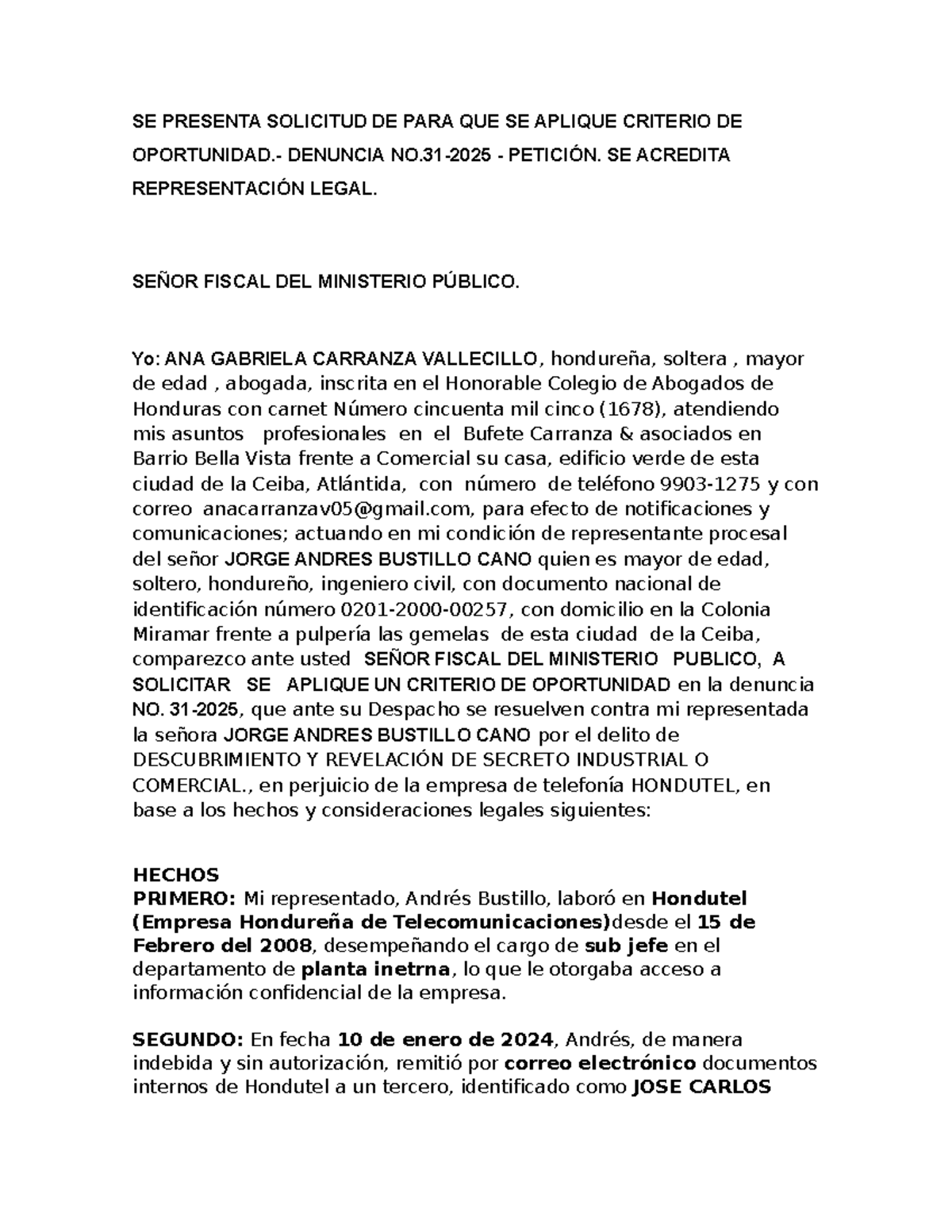 Solicitud de Criterio de Oportunidad en Denuncia No. 31-2025 - Document Preview