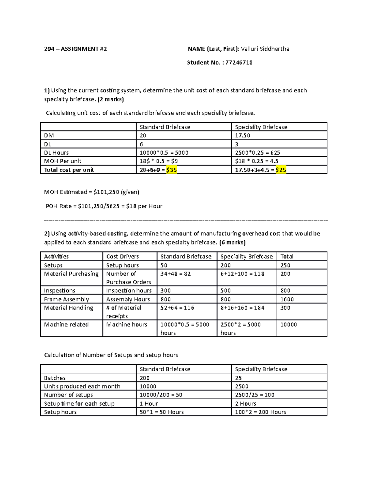 Assignment 2 - managerial accounting - 294 – ASSIGNMENT #2 NAME (Last ...