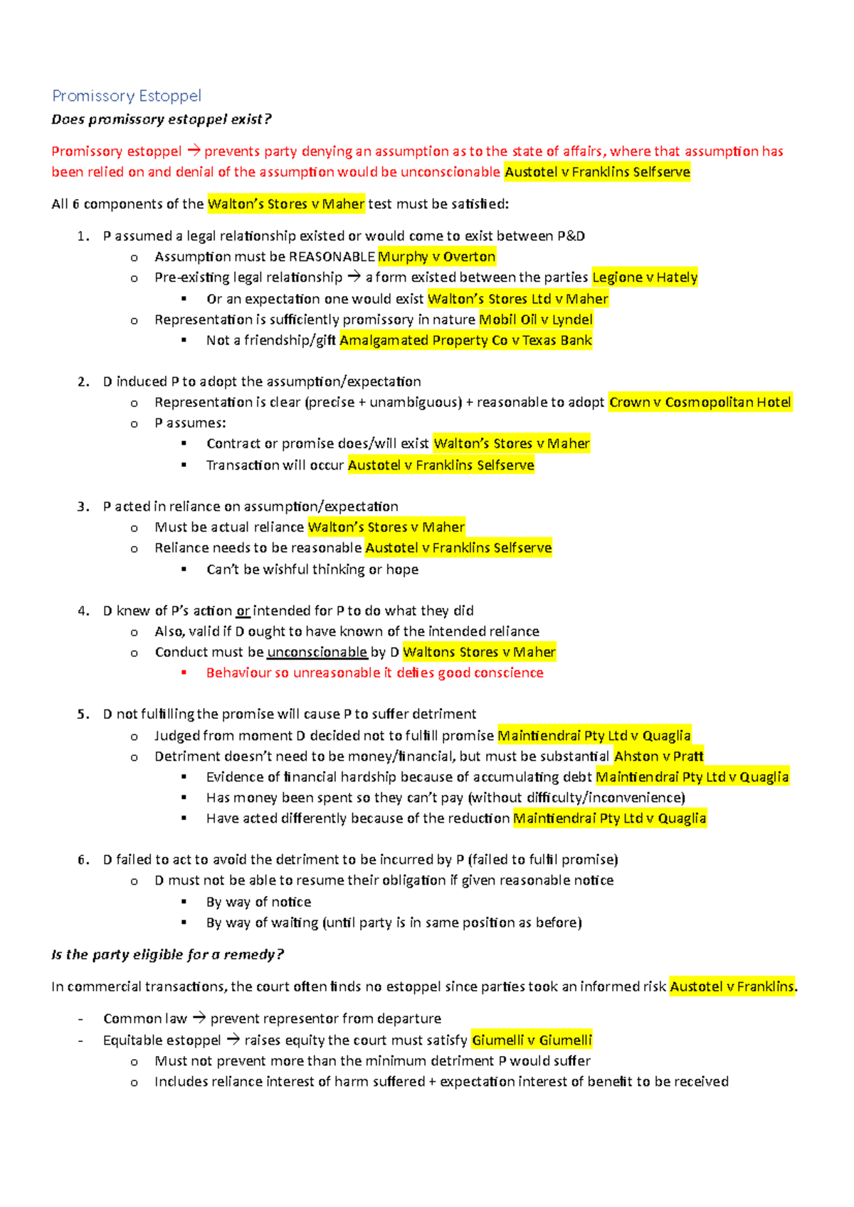 LAWS1015 Promissory Estoppel: Key Concepts and Case Analysis - Studocu