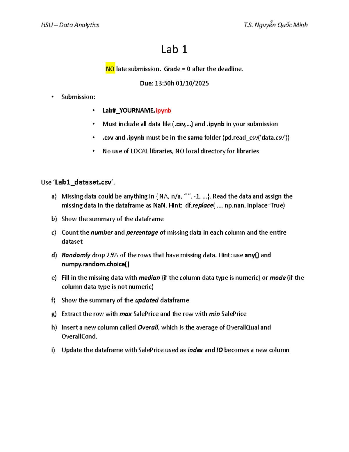 HSU Data Analysis Lab 1: Handling Missing Data and DataFrame Updates ...