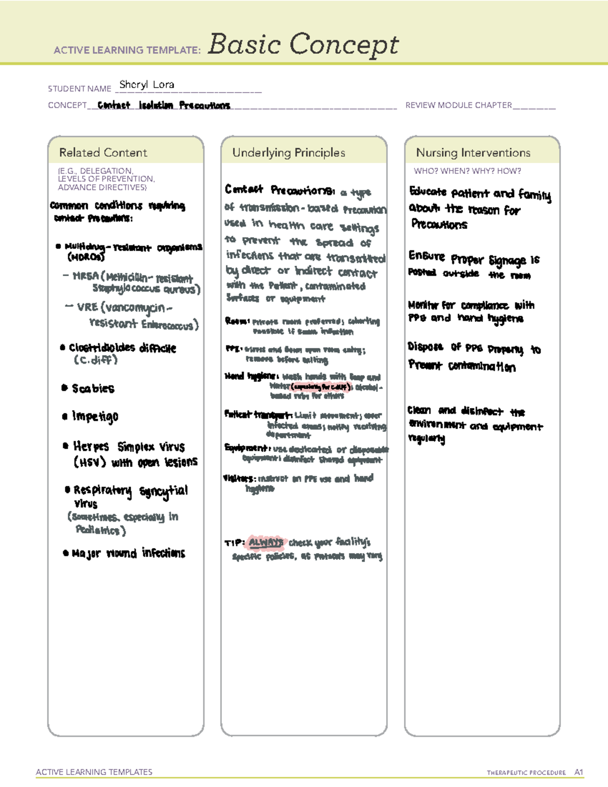 Active Learning Template: Basic Concept Review on Contact Precautions ...
