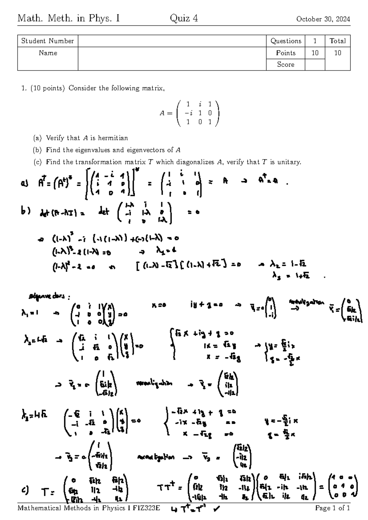 Quiz sol1 - math - Mathematics - Math. Meth. in Phys. I Quiz 4 October ...