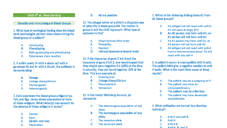 HARR 4th ed: Blood Banking Practice Questions and Answers - Studocu