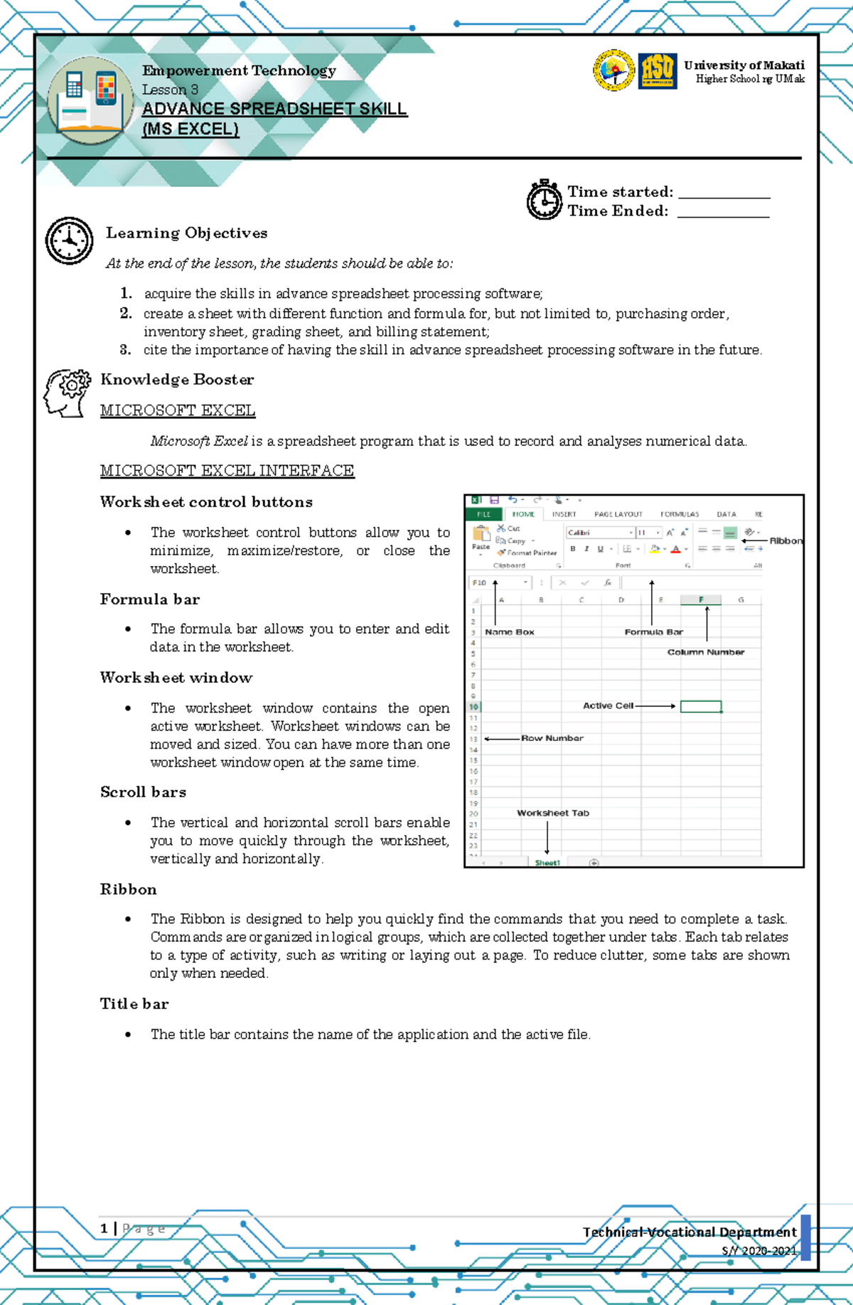 Lesson 5 Advance Spreadsheet Skill - 1 | P a g e Higher School ng UMak ...