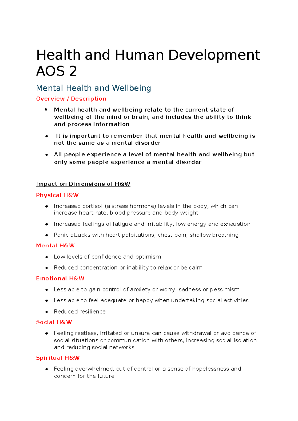 Health and Human Development AOS 2: Mental Health & Nutritional ...