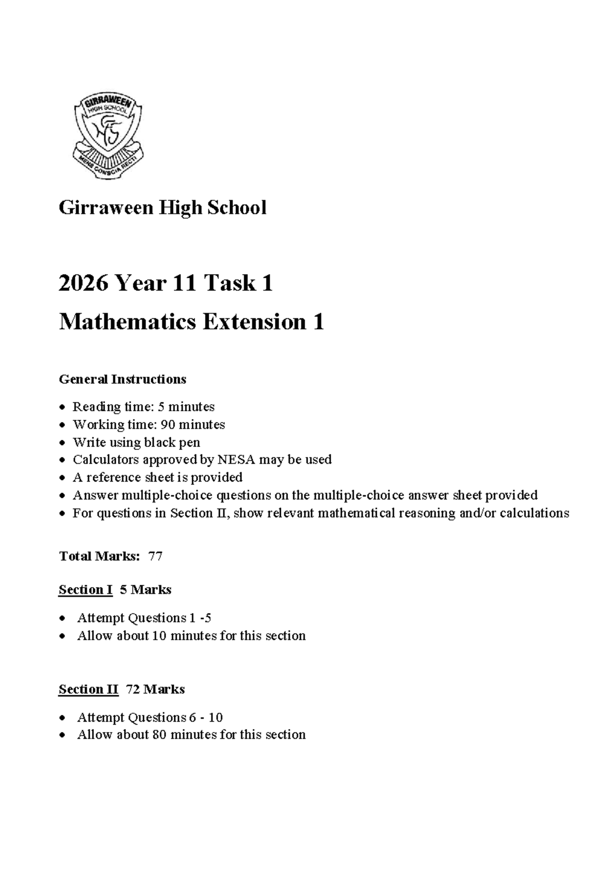 Year 11 Maths Extension 1 Task 1 2026 Exam Paper - Girraween High - Studocu