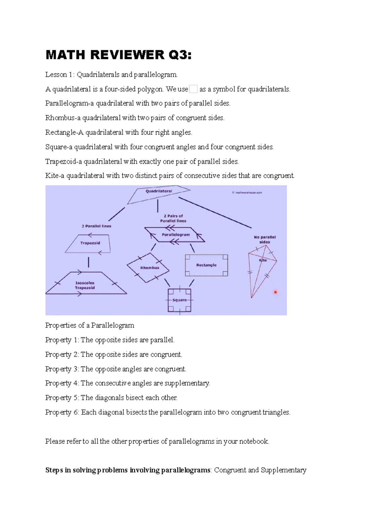 MATH Q3: Lesson 1 - Properties of Quadrilaterals & Parallelograms - Studocu