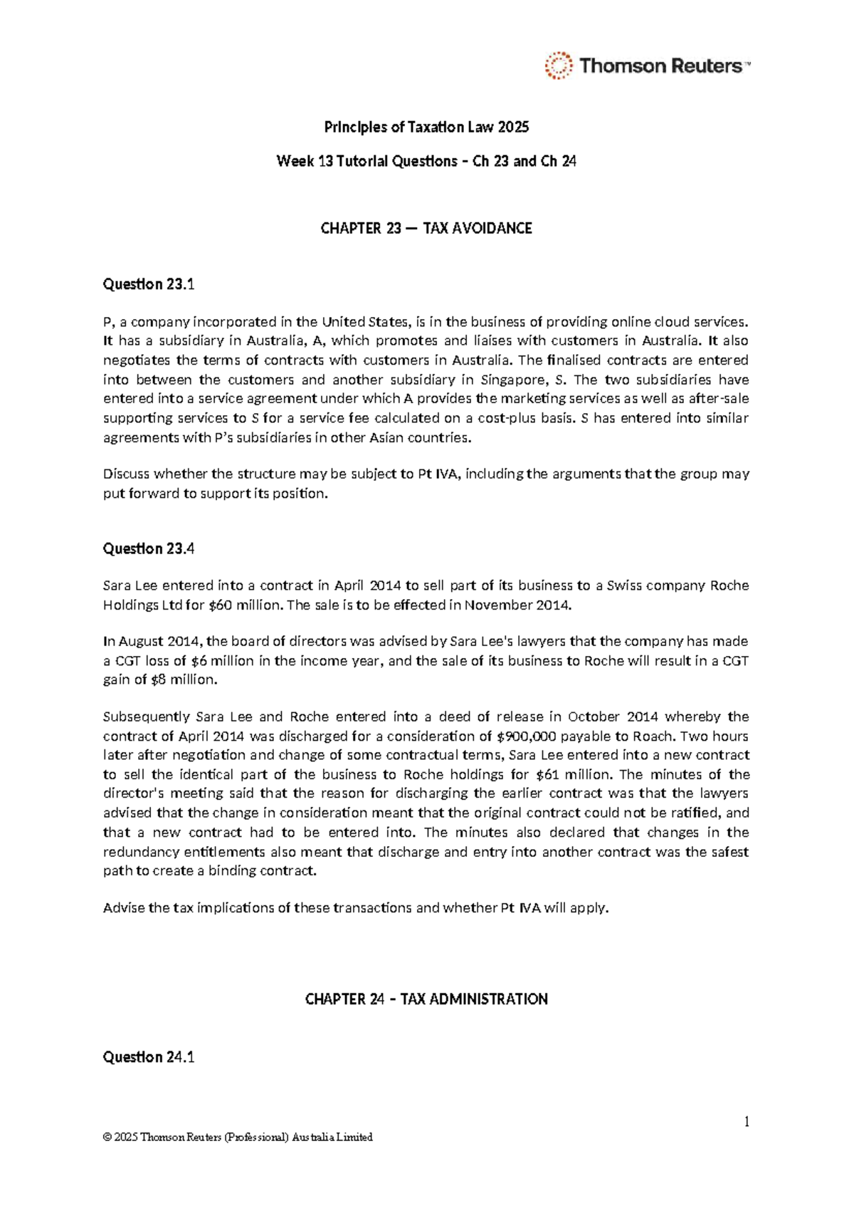 Principles of Taxation Law 2025 Week 13 Tutorial Questions on Tax ...