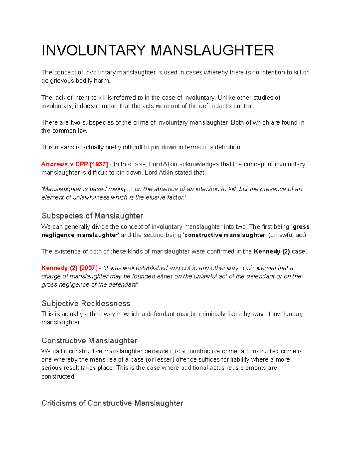 How Involuntary Manslaughter Is Defined and Analyzed in Law - Studocu