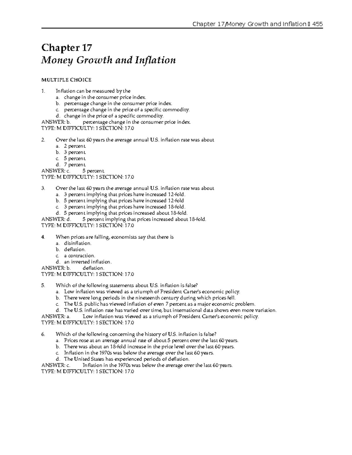 Chapter 17: Money Growth and Inflation - Key Concepts and MCQs - Studocu