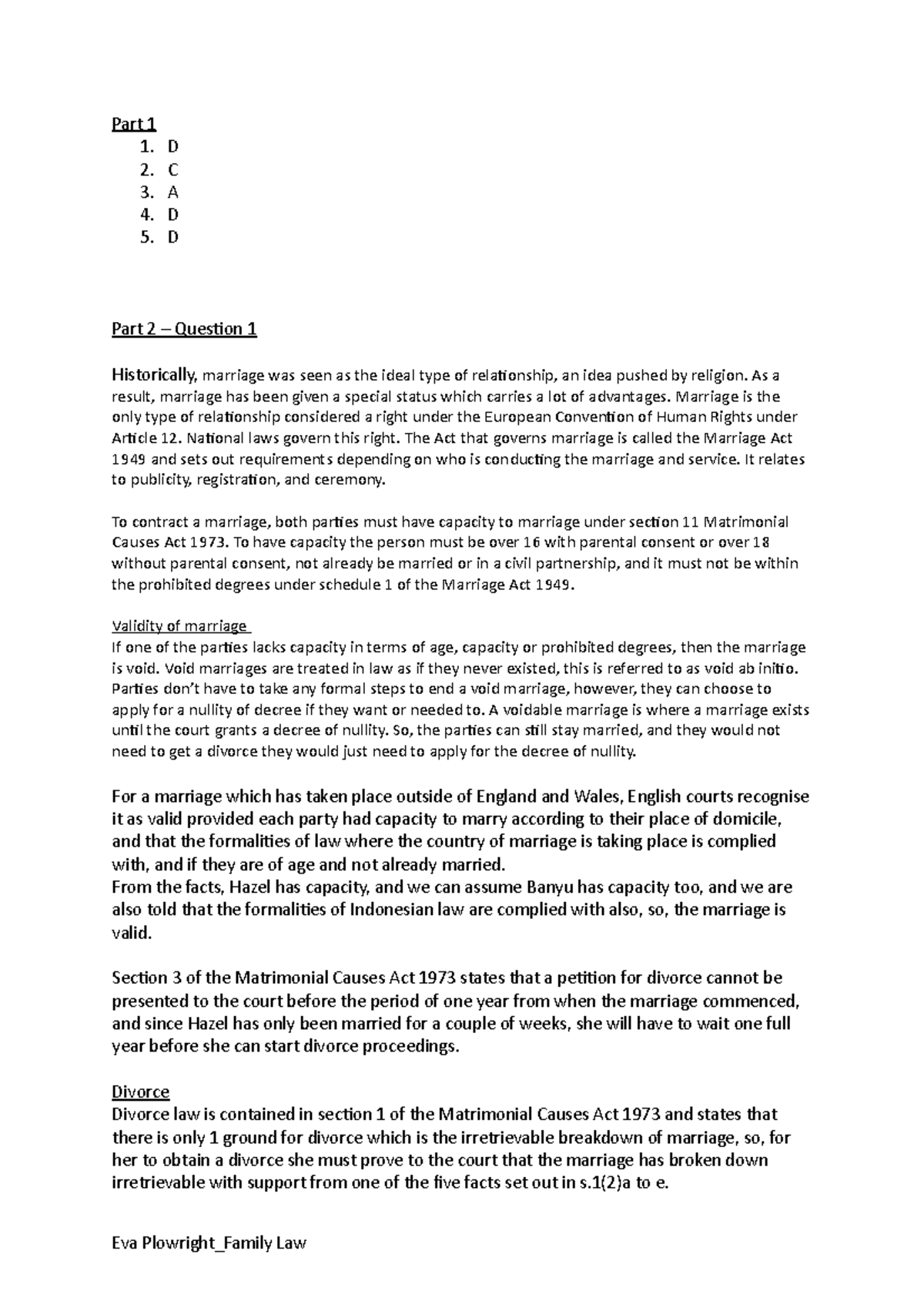 Family Law Mock Exam January 2022 - Marriage and Divorce Analysis - Studocu