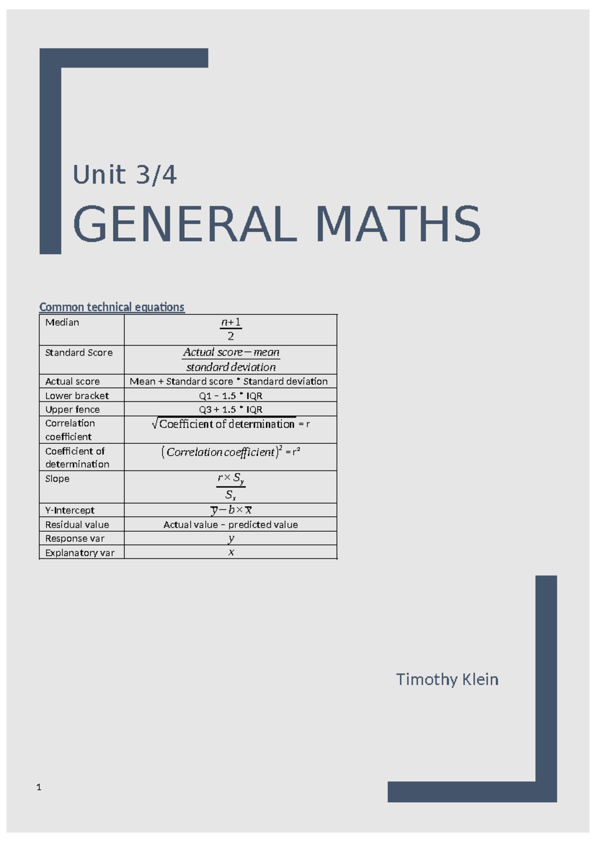 General Maths Unit: Key Concepts and Equations for Statistics and Data ...