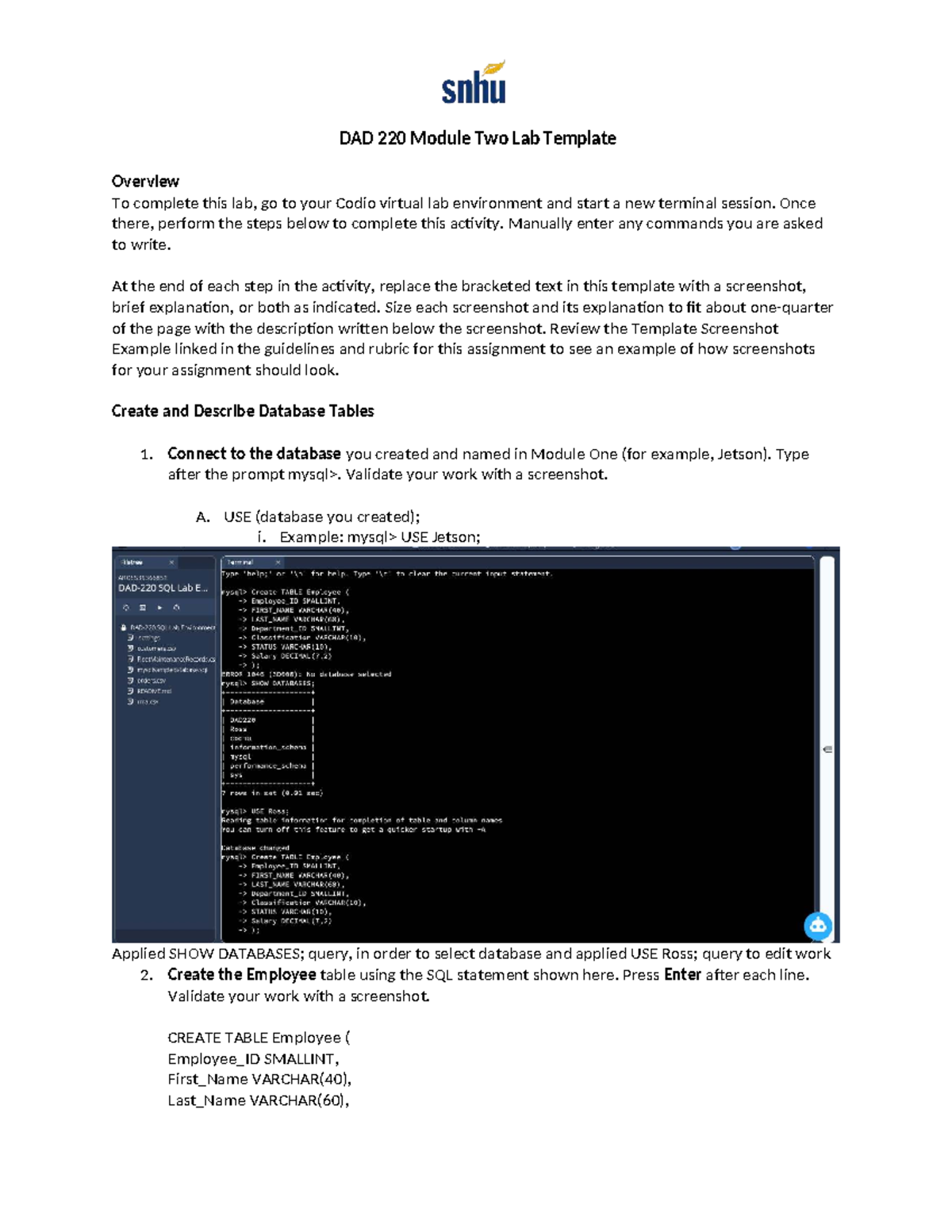 DAD 220 Module Two Lab: Database Table Creation and Validation - Studocu