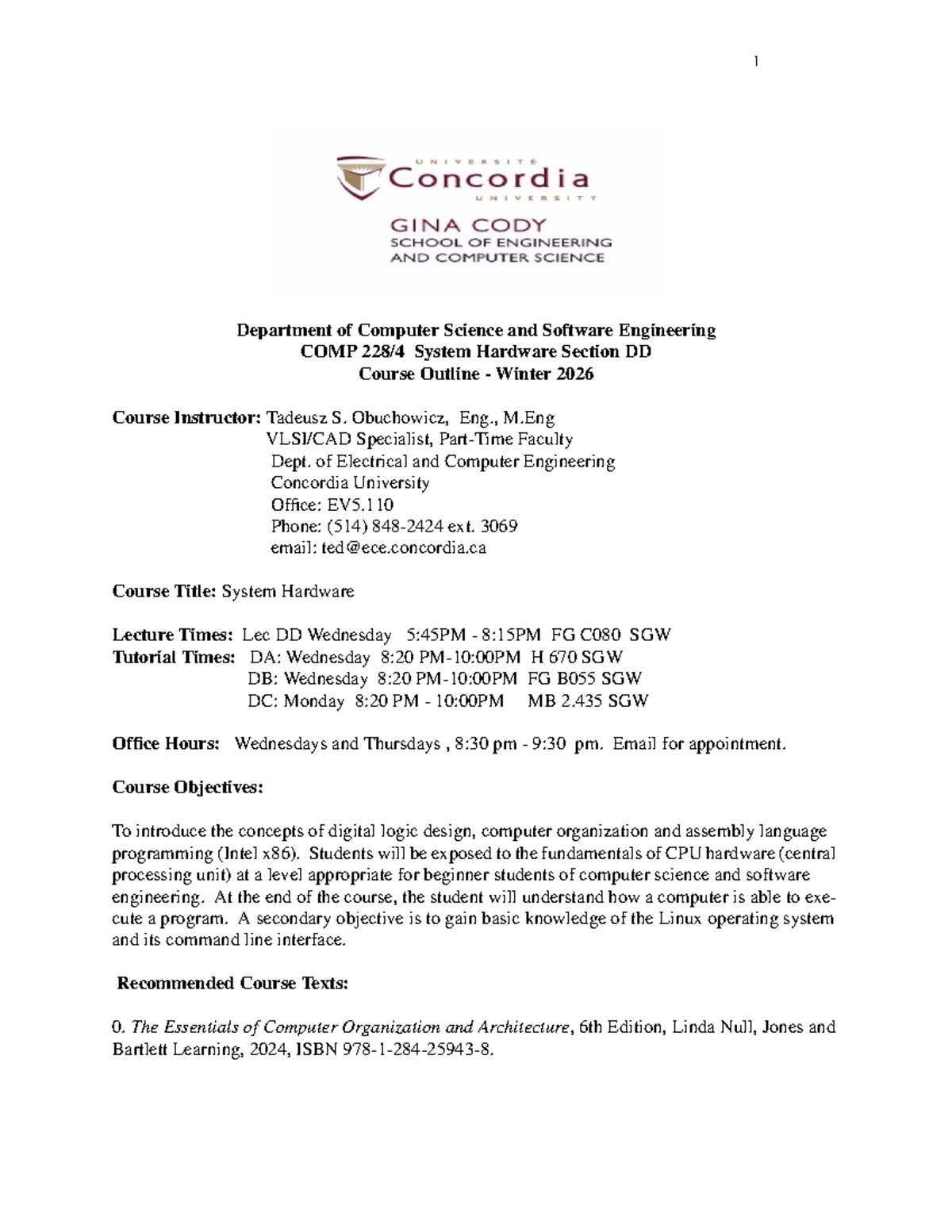 COMP System Hardware Course Outline - Winter 2026 - Studocu