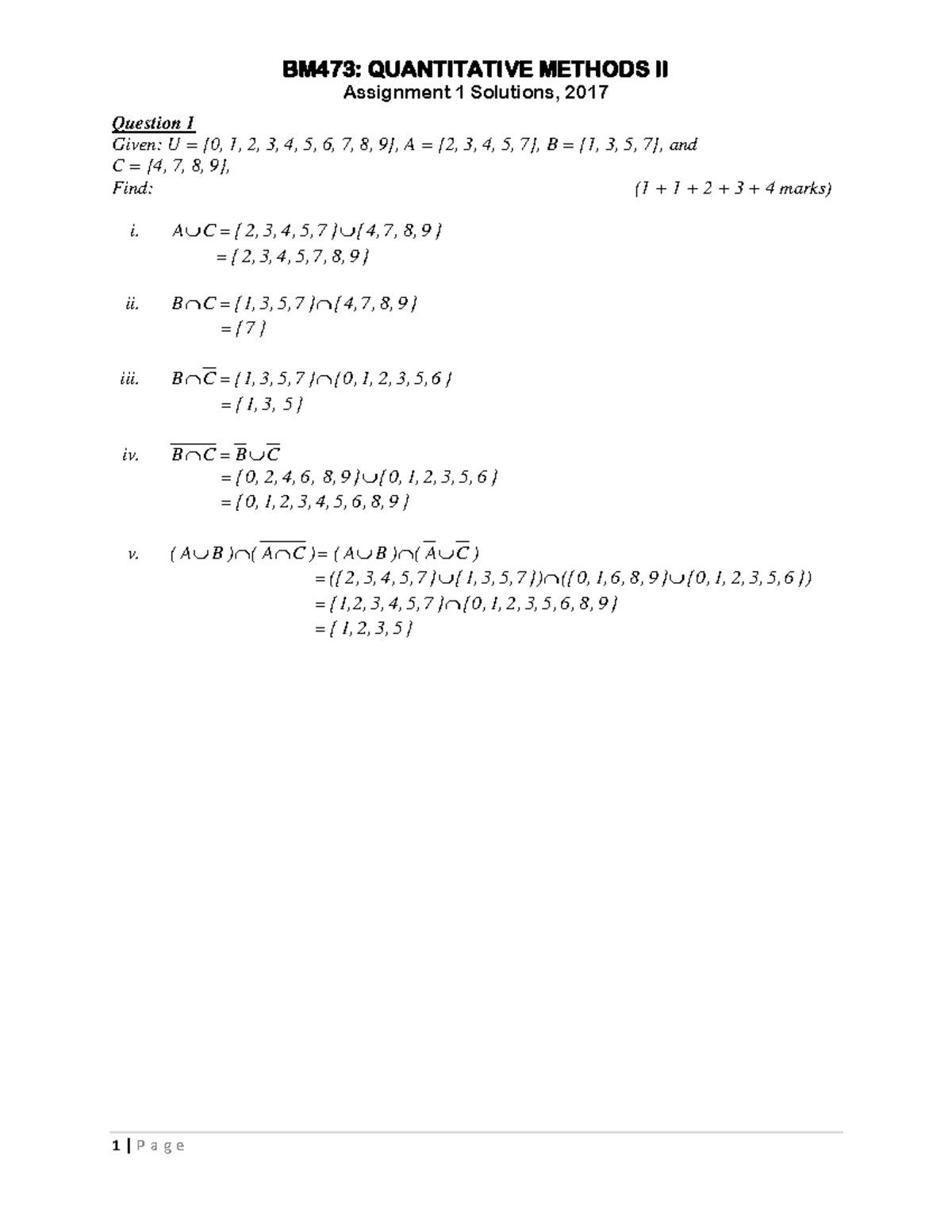 BM473 Assignment 1 2017 Solutions - BM473: QUANTITATIVE METHODS II ...