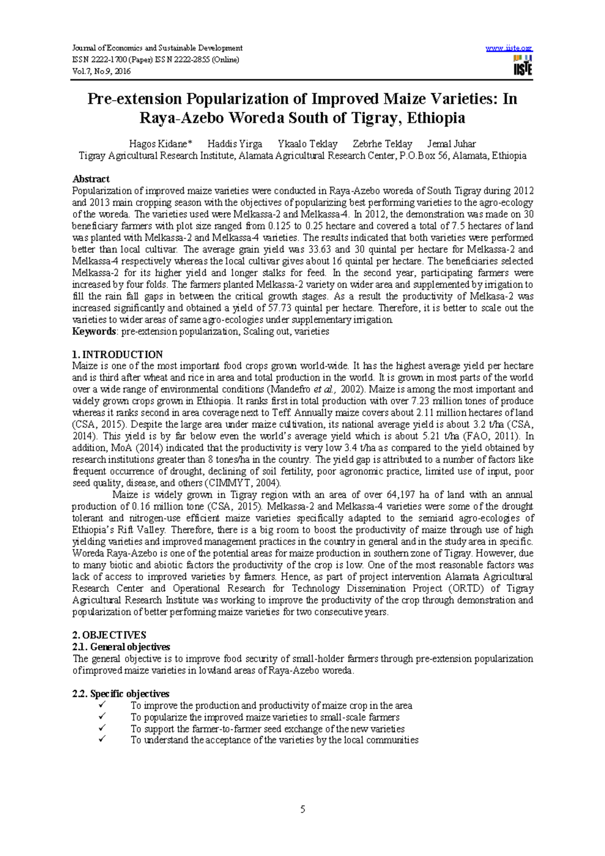 234647484 - Pre-extension Popularization of Improved Maize Varieties in ...