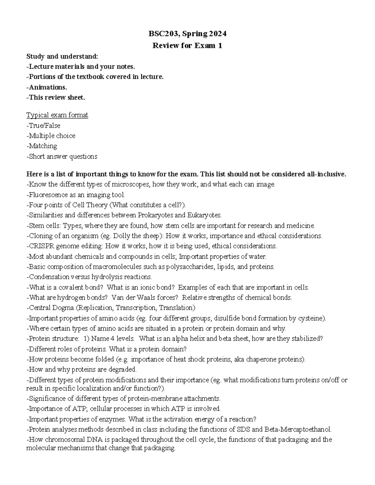 Exam 1 Review Guide for BSC203 - Spring 2024 - Studocu