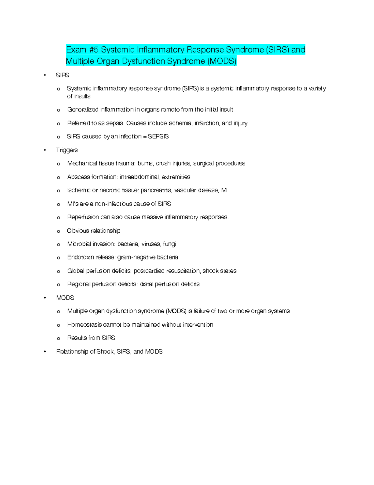 Exam #5 Lecture Notes: SIRS & MODS Overview - Studocu