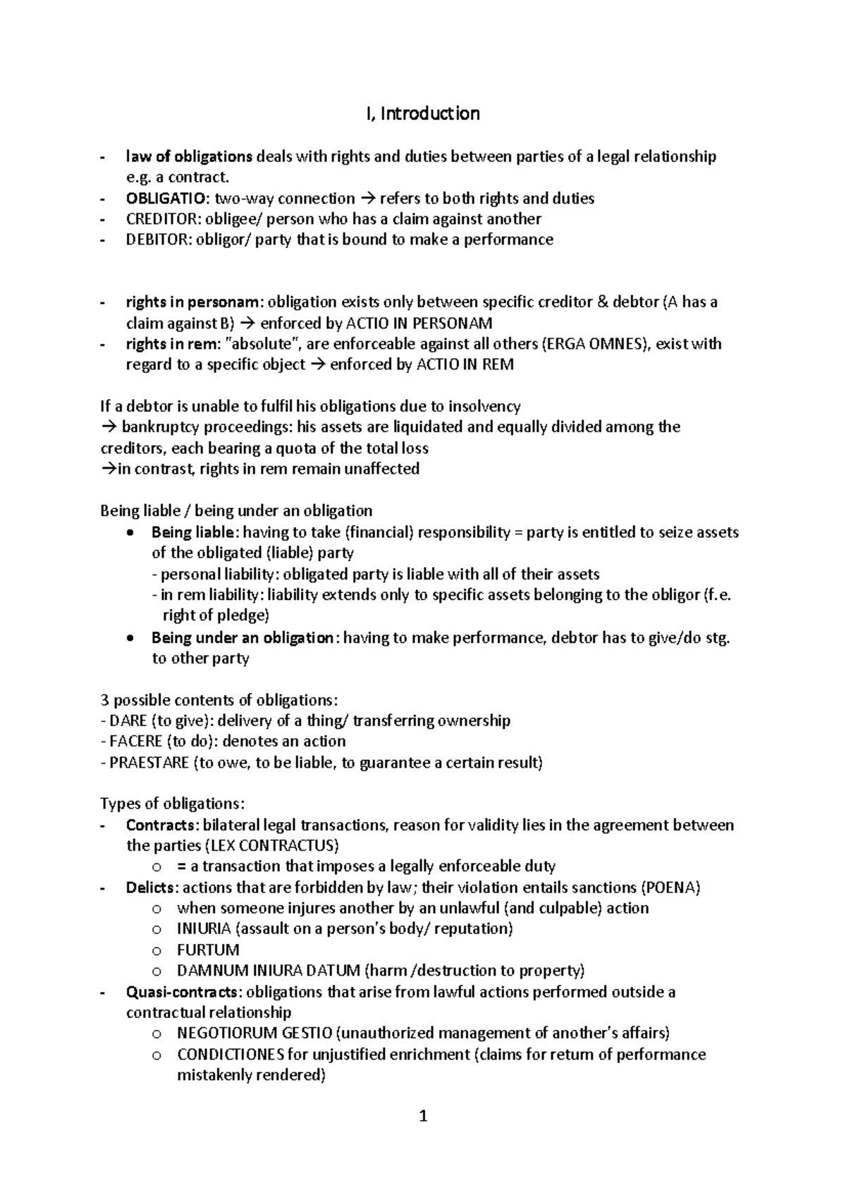 Roman Law of Obligations - Summary Notes for Law Course (LAW101) - Studocu