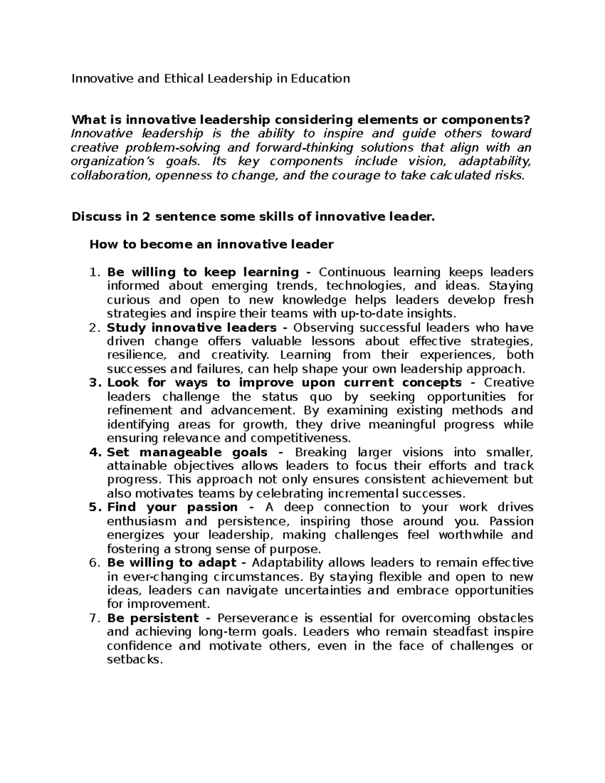 Innovative and Ethical Leadership in Education: Key Components and ...