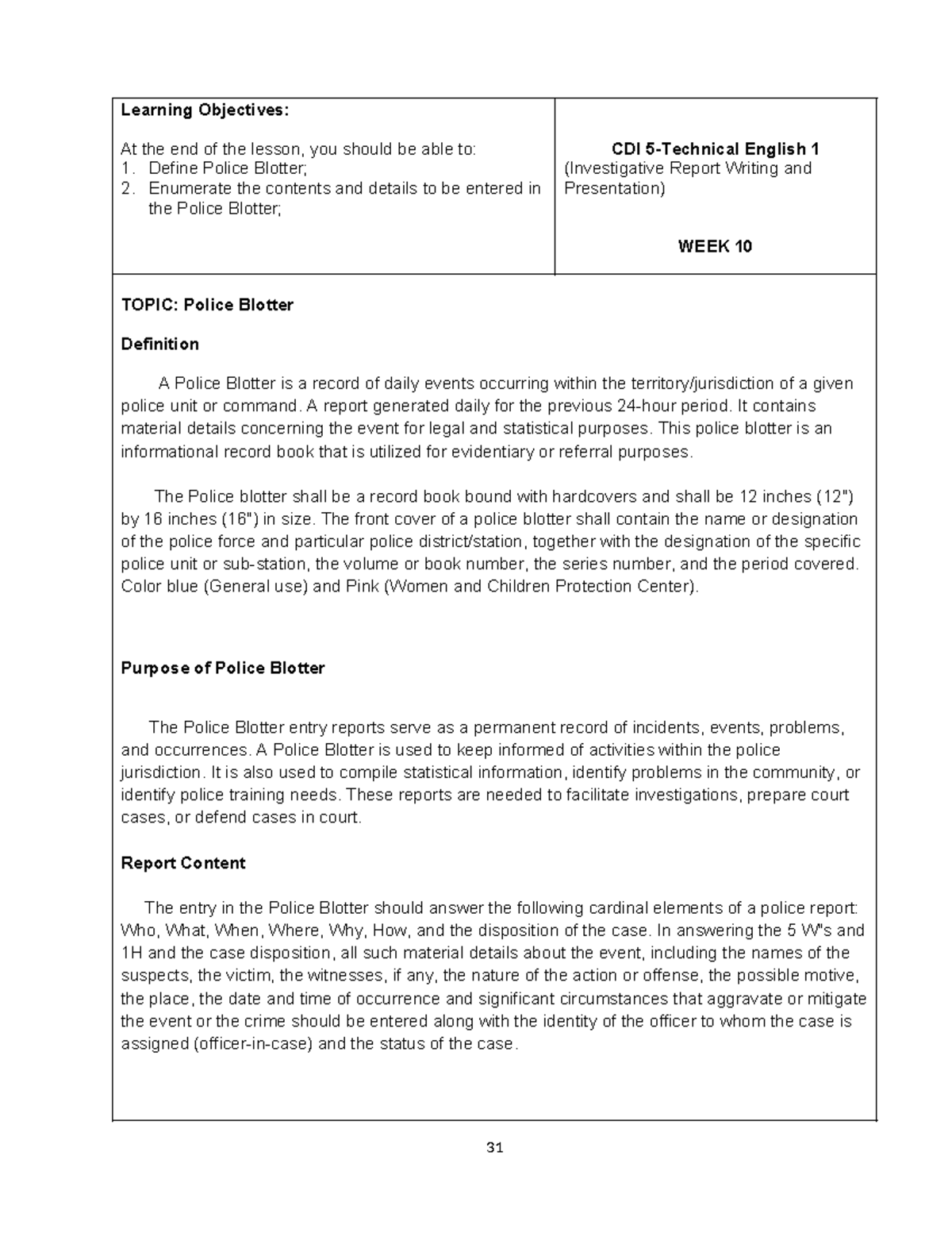 CDI English 1: Police Blotter and Investigation Report Writing Guide ...