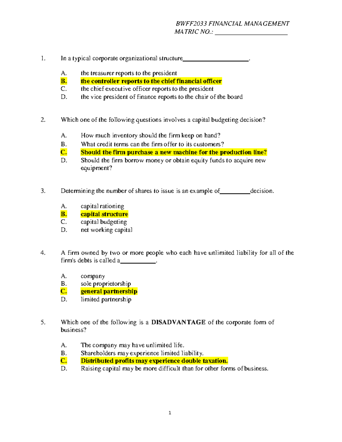 BWFF2033 FINANCIAL MANAGEMENT MIDTERM TEST ANSWERS - Studocu