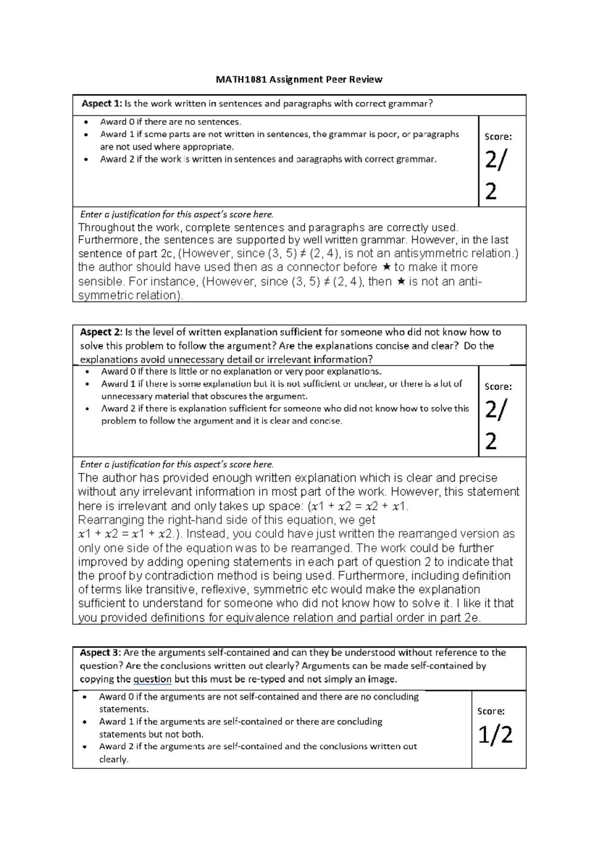 Math1081 Peer Review Assignment Feedback and Rubric Analysis - Studocu