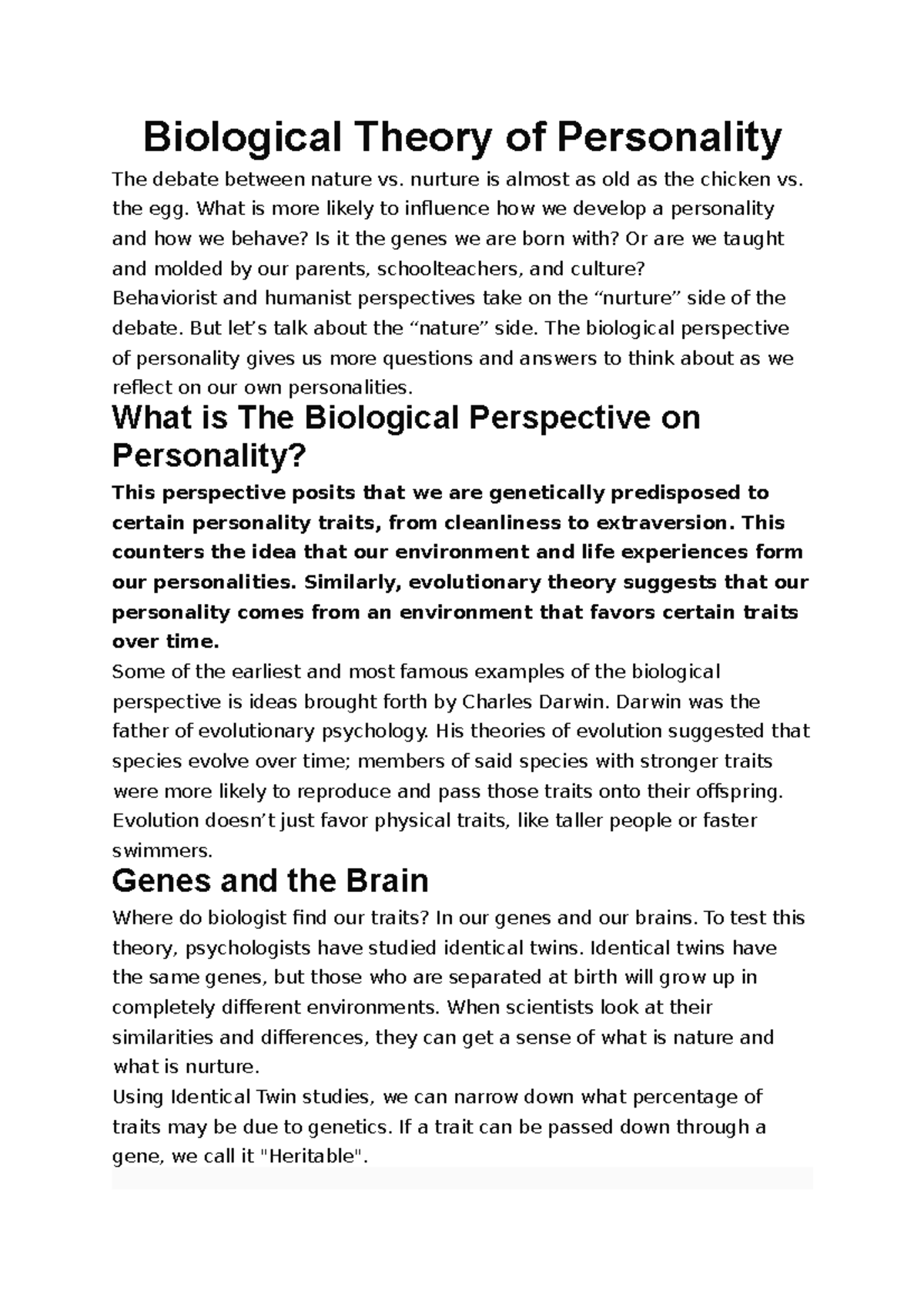Biological Theory of Personality - nurture is almost as old as the ...