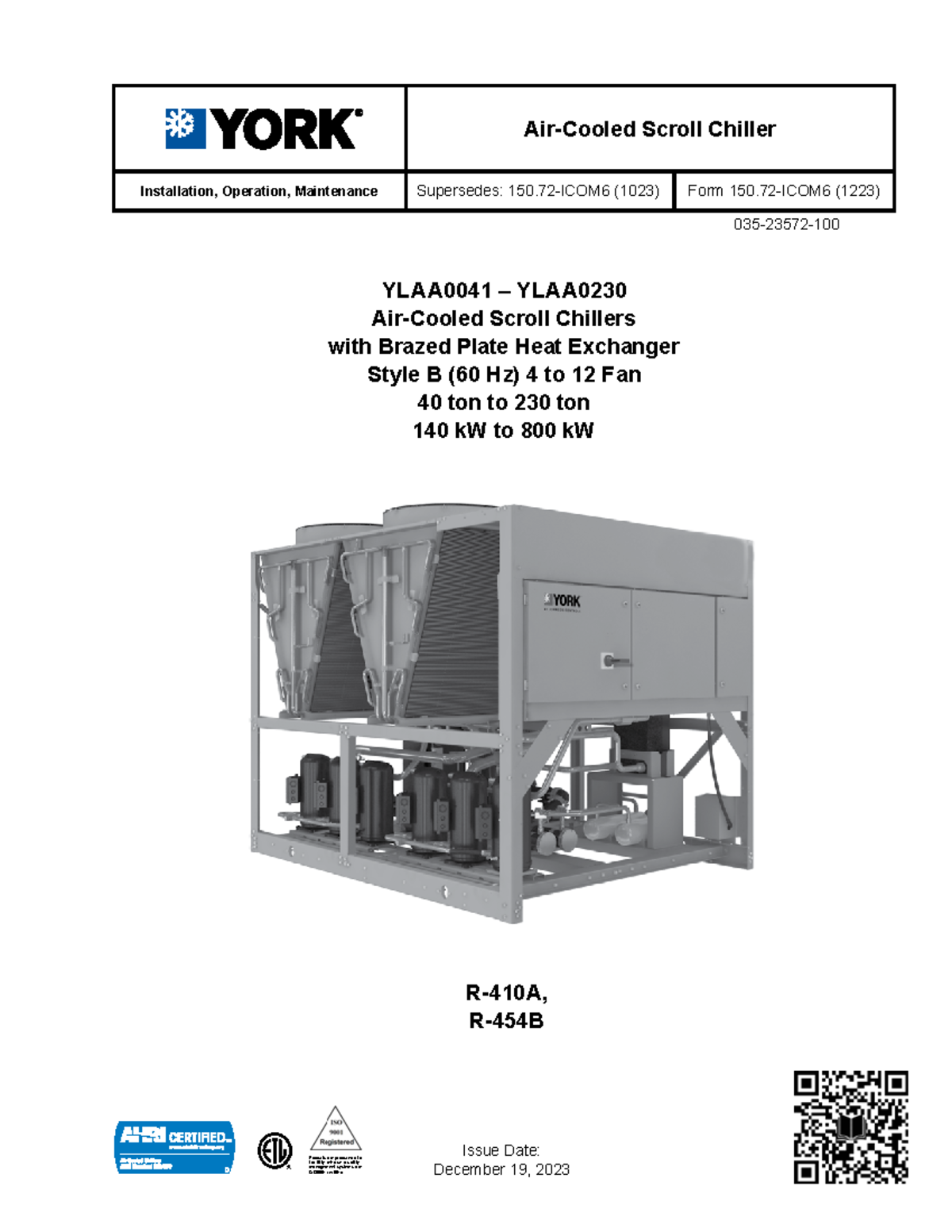 Scroll Chiller Installation & Maintenance Guide (YLAA0041-YLAA0230 ...
