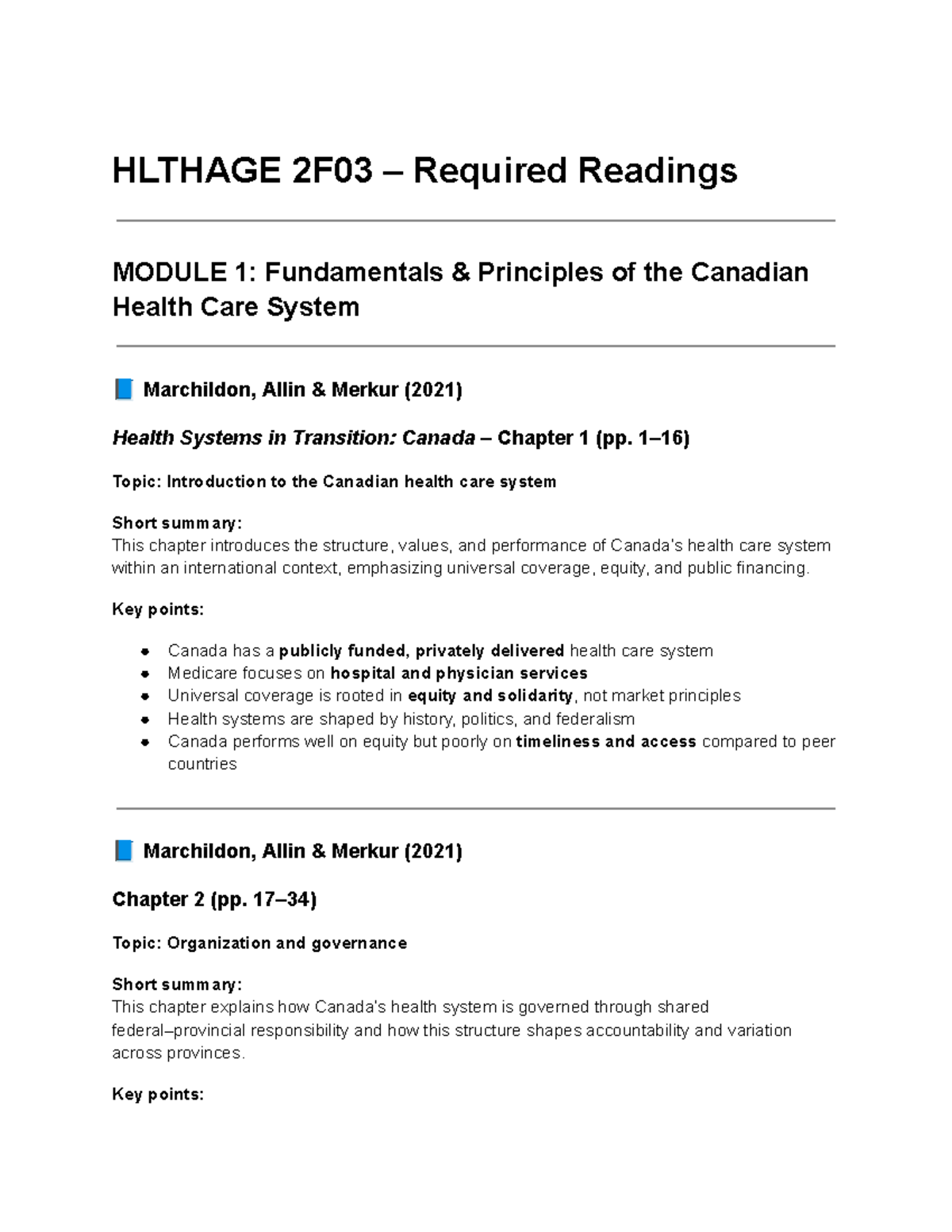 HLTHAGE 2F03 Required Readings: Canadian Health Care System Overview ...