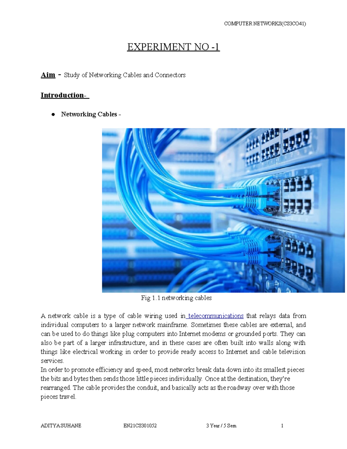 CN Exp-1: Study of Networking Cables & Connectors in Computer ...