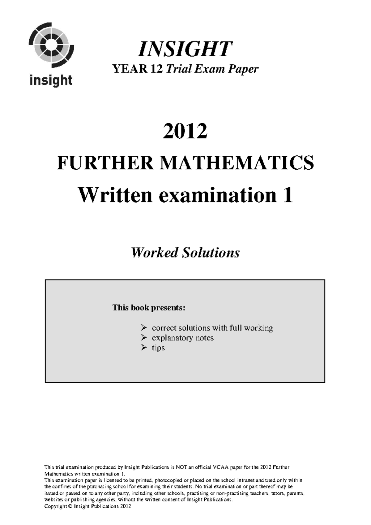 2012 Further Mathematics Trial Exam Paper 1 Worked Solutions - Studocu