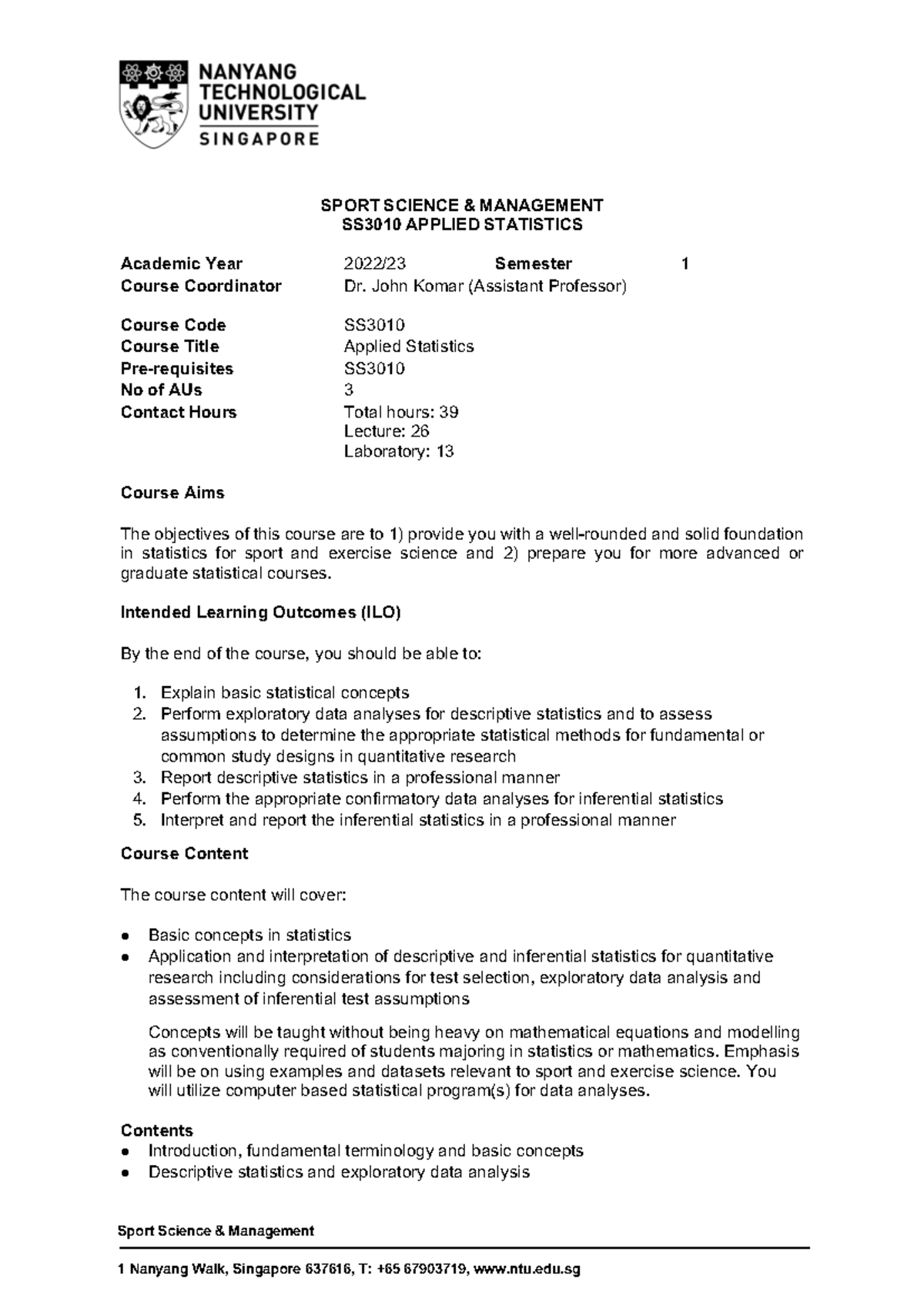 SS3010 Applied Statistics Course Outline & Learning Objectives - Studocu