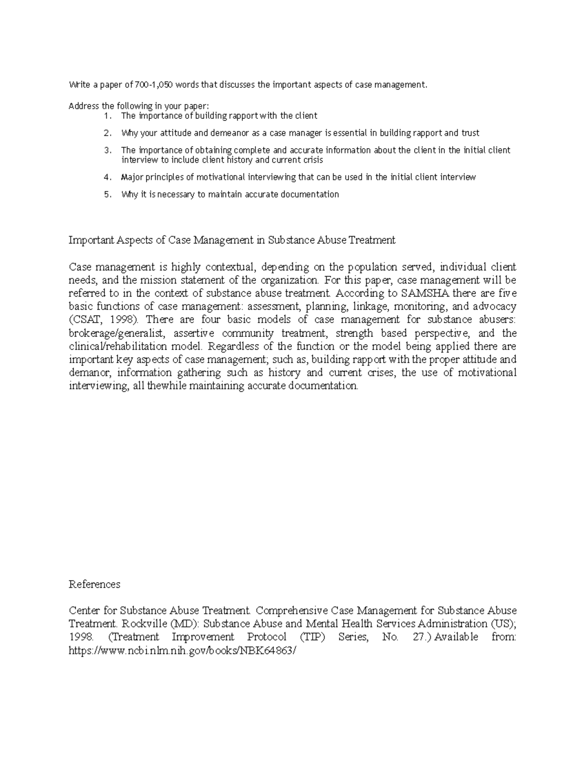 PCN 255 Week 2 Essay: Key Aspects of Case Management in Treatment - Studocu