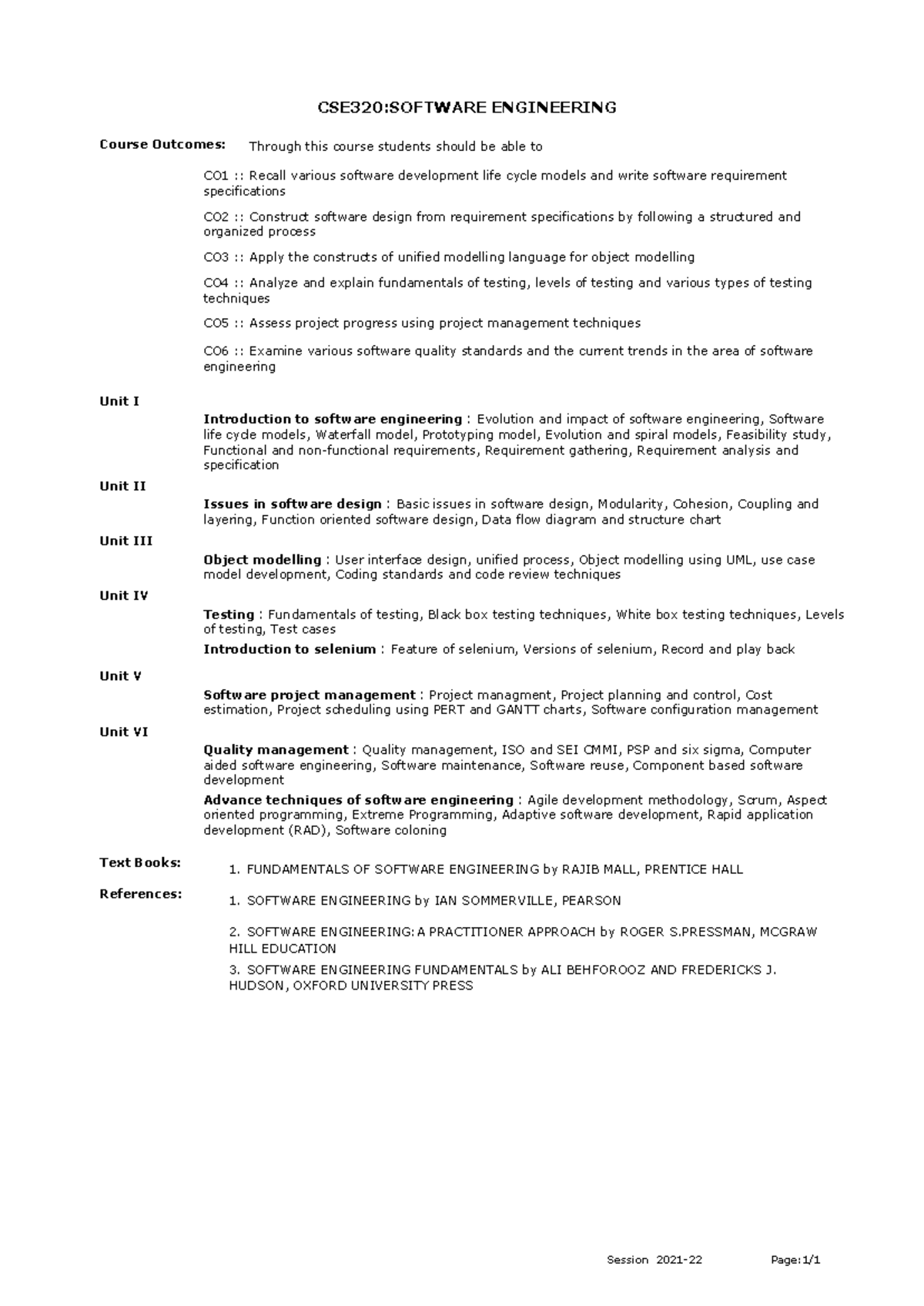 CSE320 - Software Engineering Syllabus and Course Outcomes - Studocu