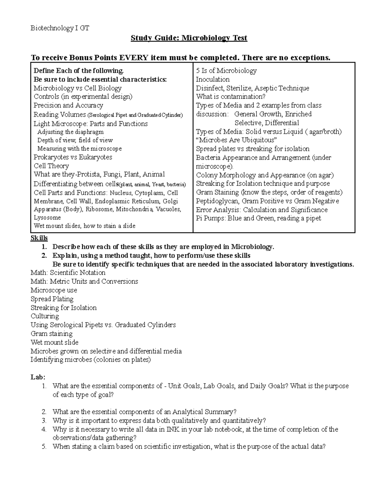 Biotechnology I Study Guide: Microbiology Test Review (25-26-2) - Studocu