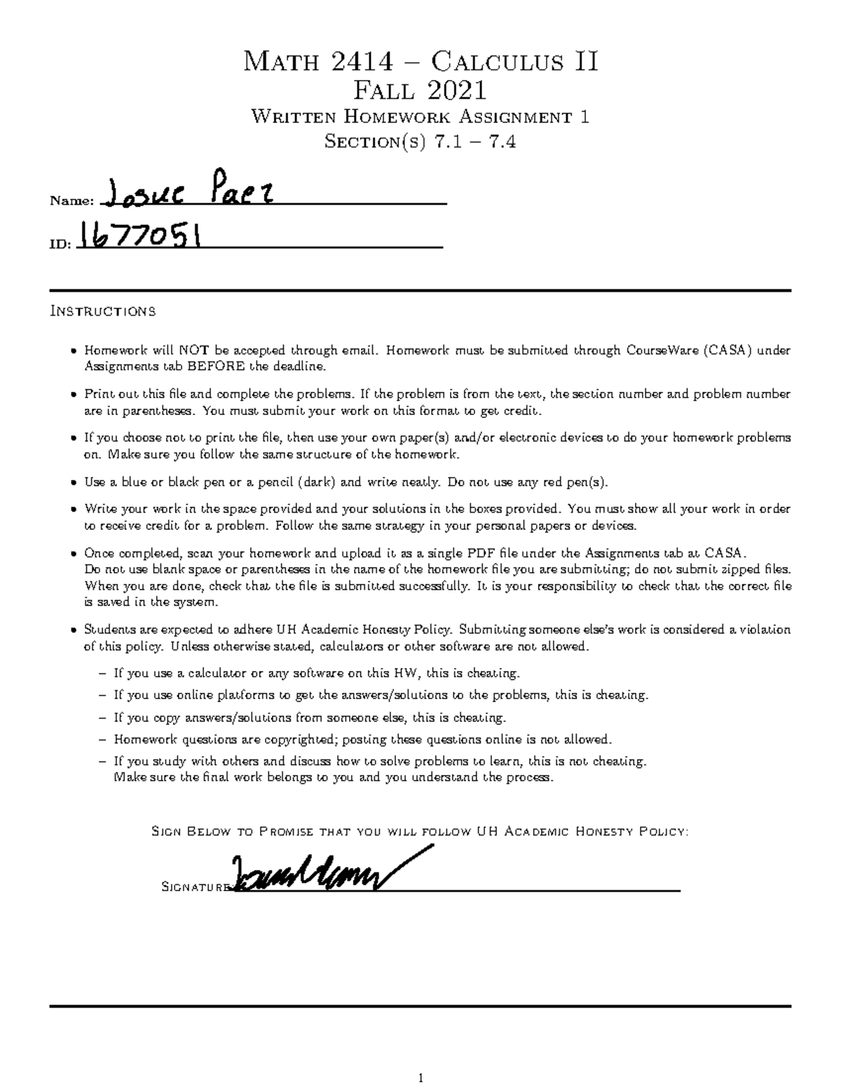 2414 WHW1 - Calculus II Written Homework Assignment 1 - Studocu