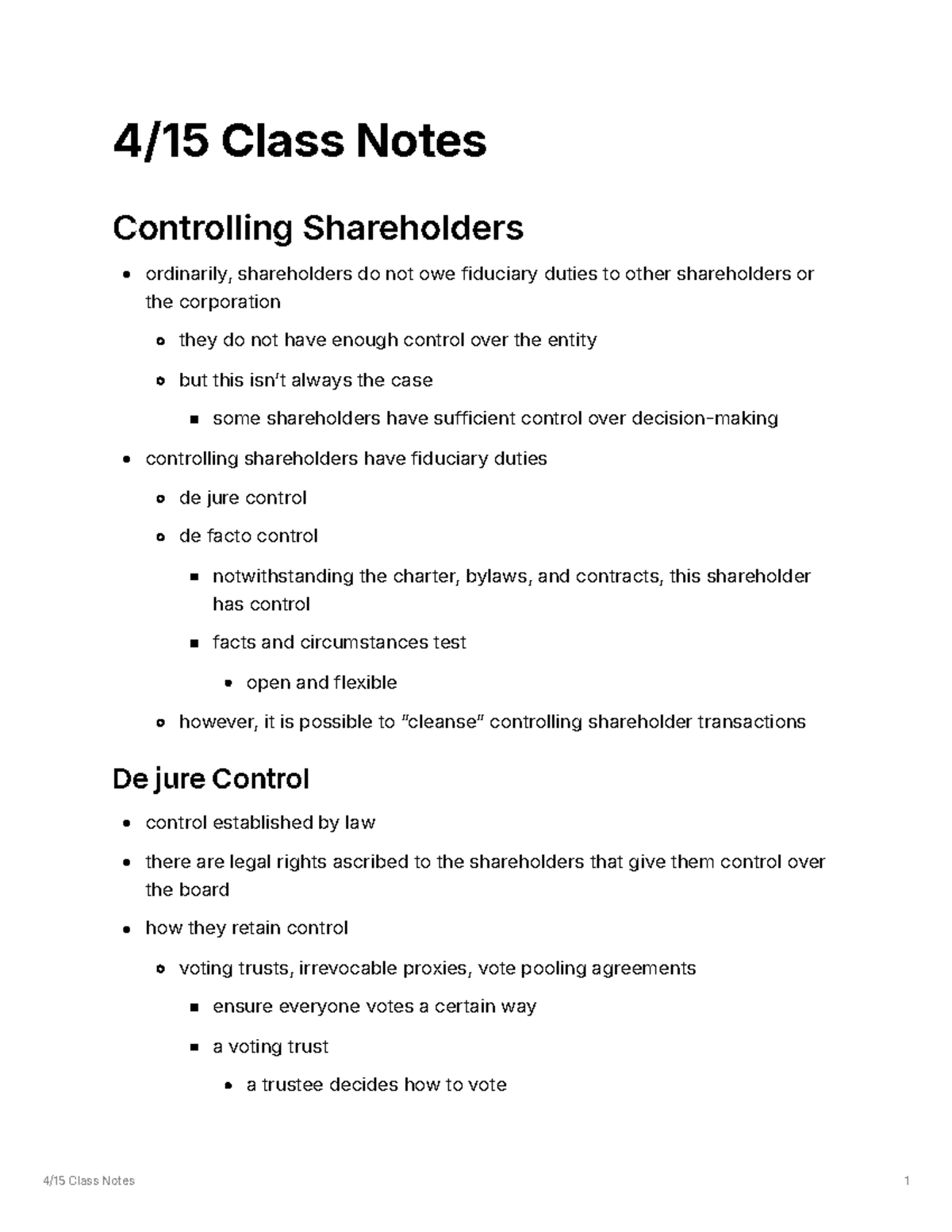 Controlling Shareholders and Their Fiduciary Duties: Class Notes (4/15 ...